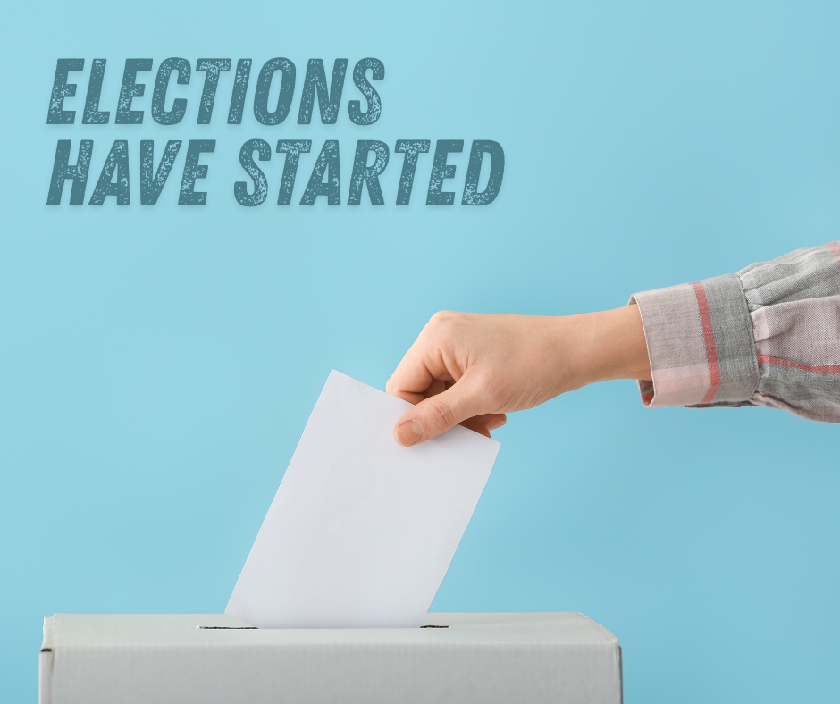 Image of a person putting a ballot paper into a ballot box with text that reads elections have started.