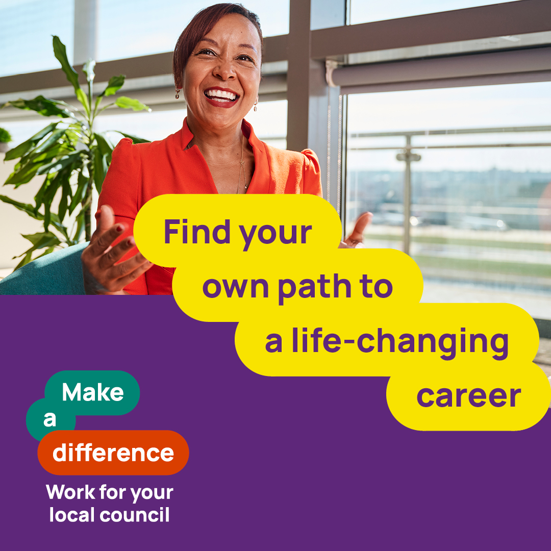 a lady smiling in an office environment. the words say find your own path to a life-changing career in yellow bubbles.