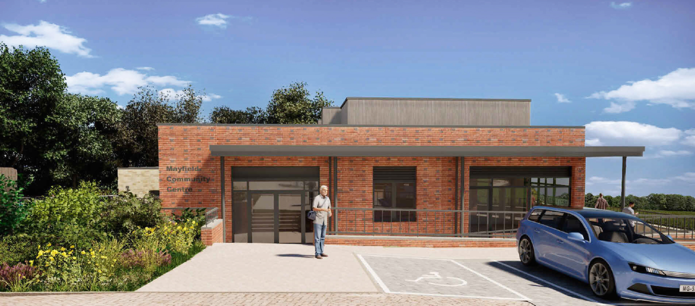 a brick CGI sqaure building with a man standing on the forecourt. there is a car in a parking space