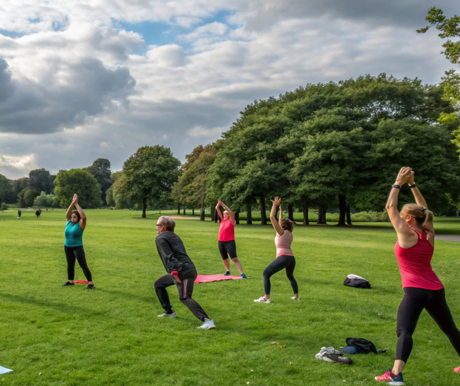people exercising in a park.