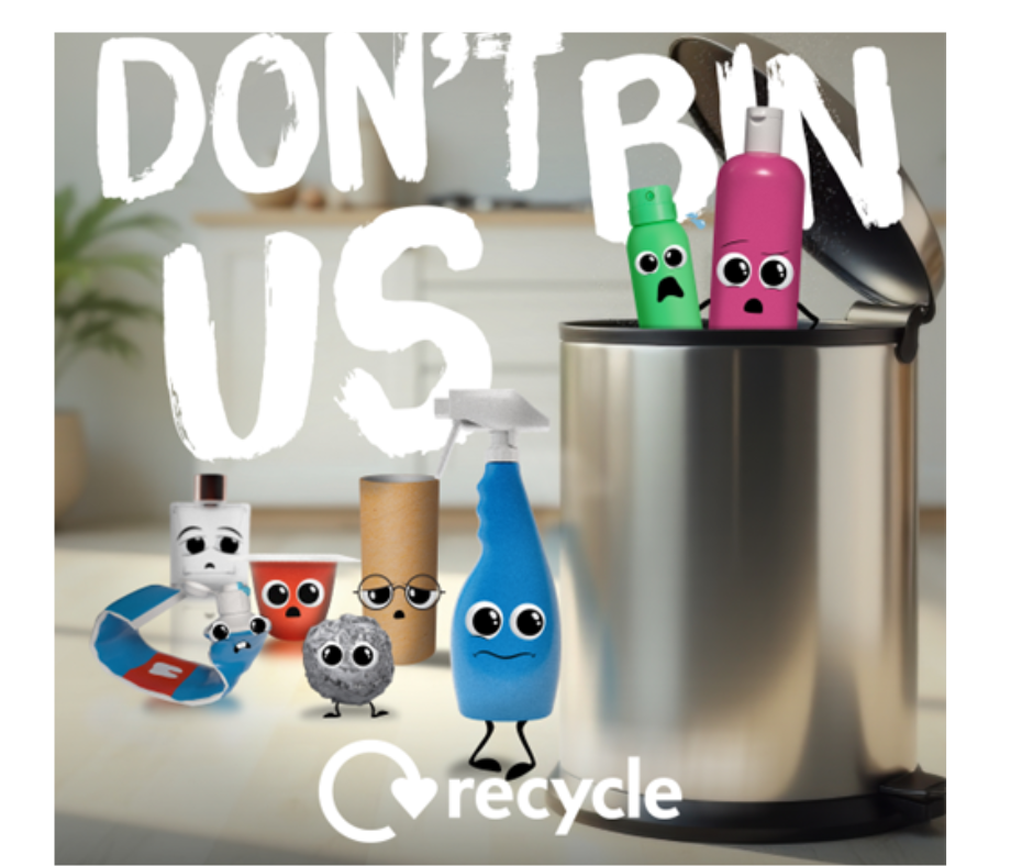 cartoon drawing of items which can be recycled. these include a toothpaste tube, a loo roll, a purfume bottle and a trigger spray bottle