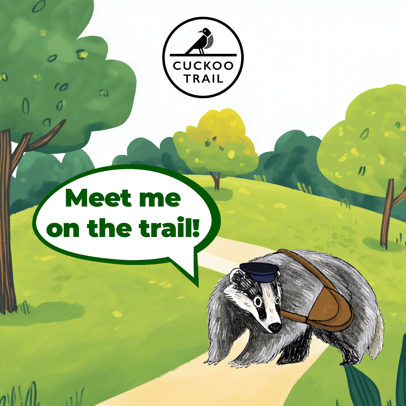 an animated badger sitting on a pathway. speech bubble above its head saying - Meet me on the trail